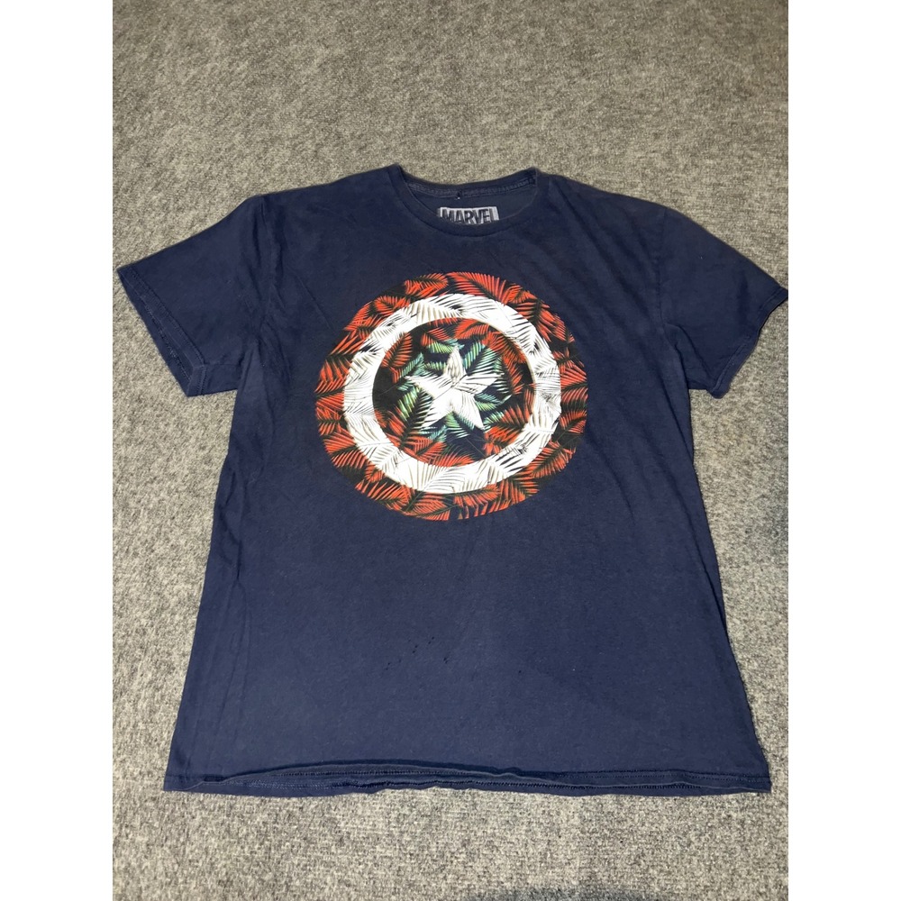 Marvel Captain America Shield Tropical Graphic T-Shirt Navy Blue Large